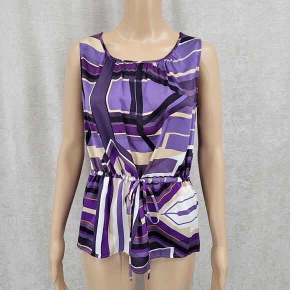 Antonio Melani Silk Purple Geometric Cinch Waist Sleeveless Blouse Women's XS - Picture 1 of 7